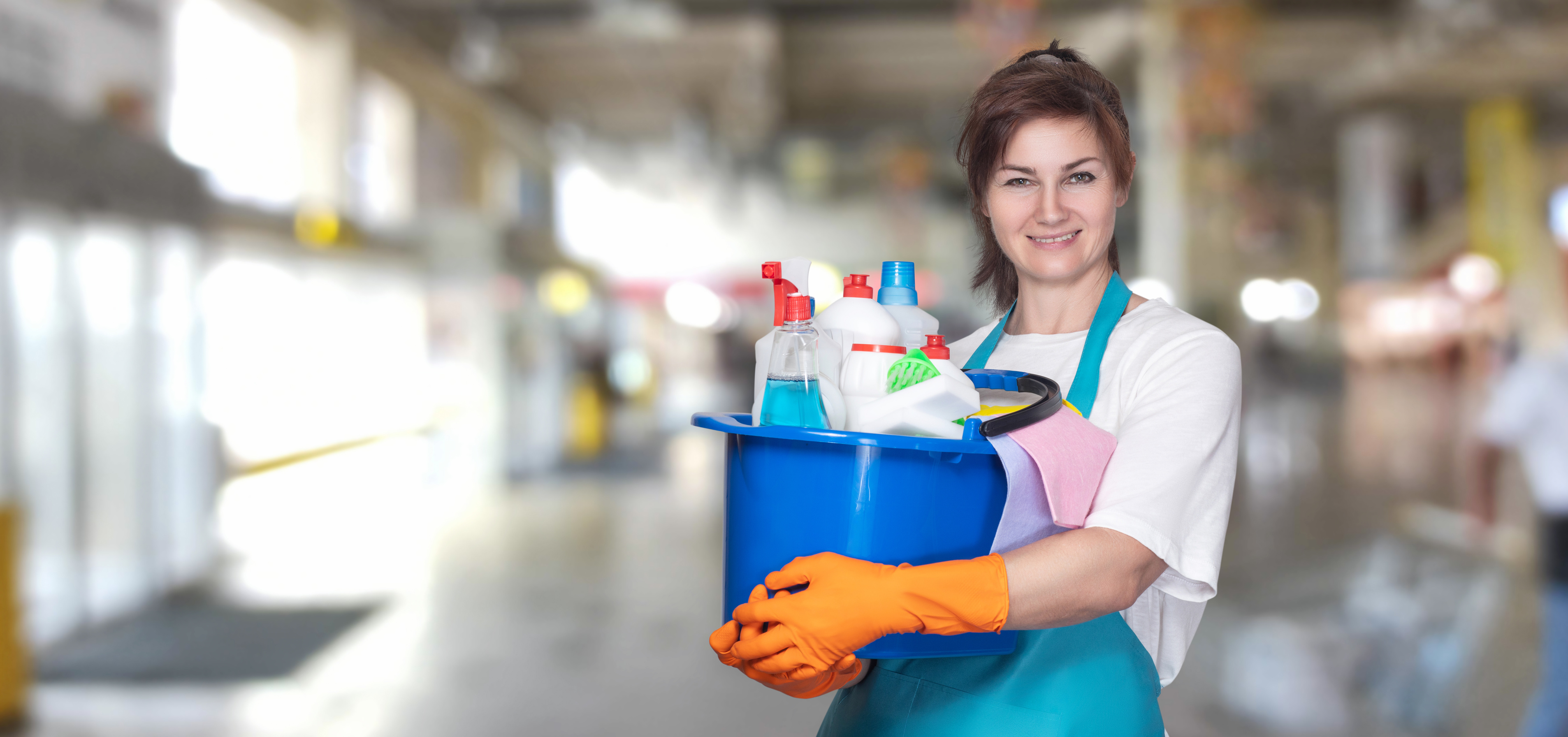 Woman cleaning lady with a bucket and cleaning products .